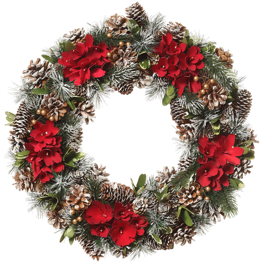 18.8" Flocked Artificial Pinecone, Berry & Wood Chip Flower Wreath -Red/Brown (Pack of 2)