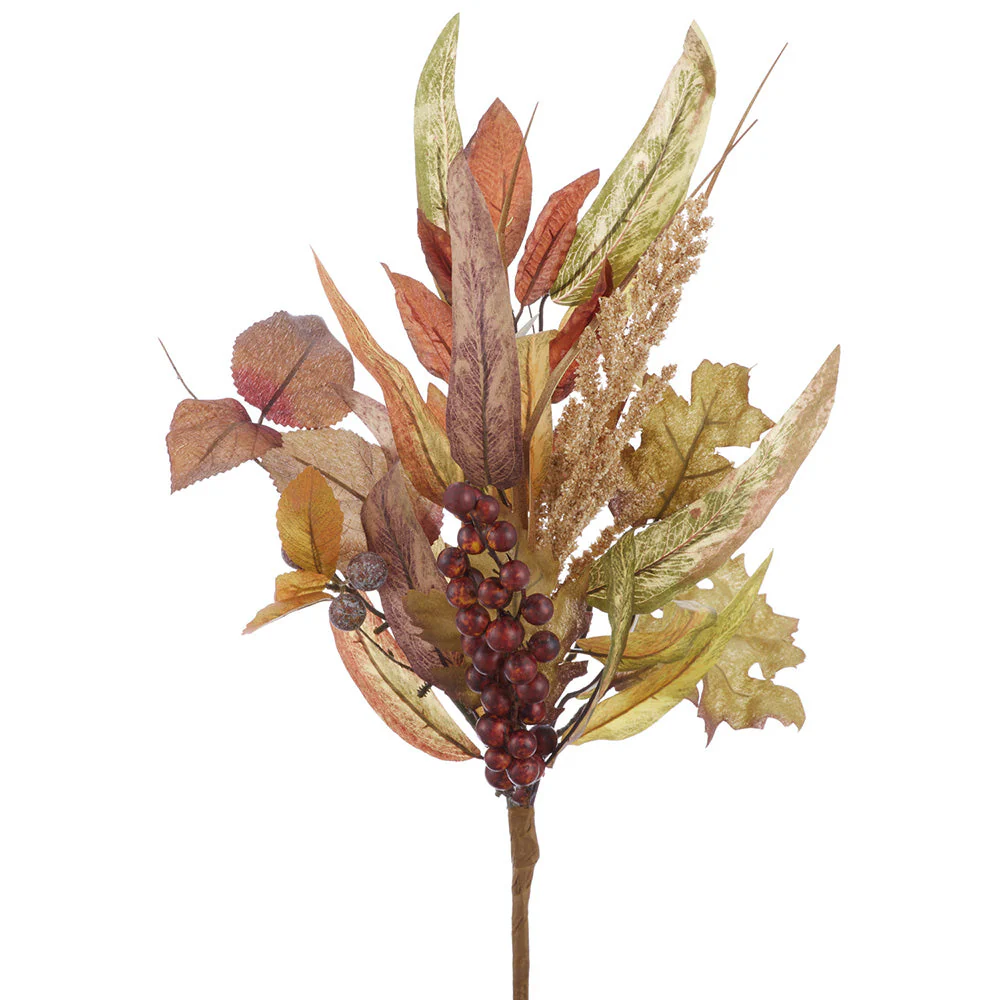 18" Artificial Berry & Mixed Fall Leaf Stem Pick -Brown/Green (Pack of 12)