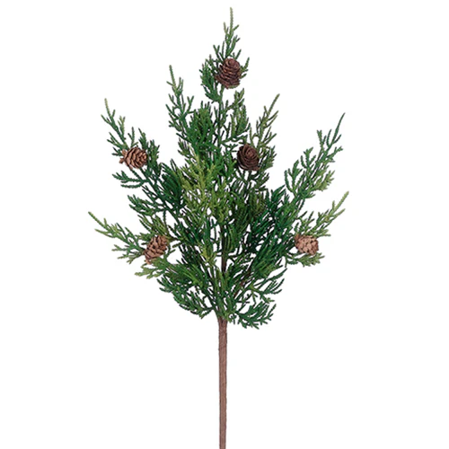 18" Artificial Cedar & Pinecone Stem Pick -Green (Pack of 12)