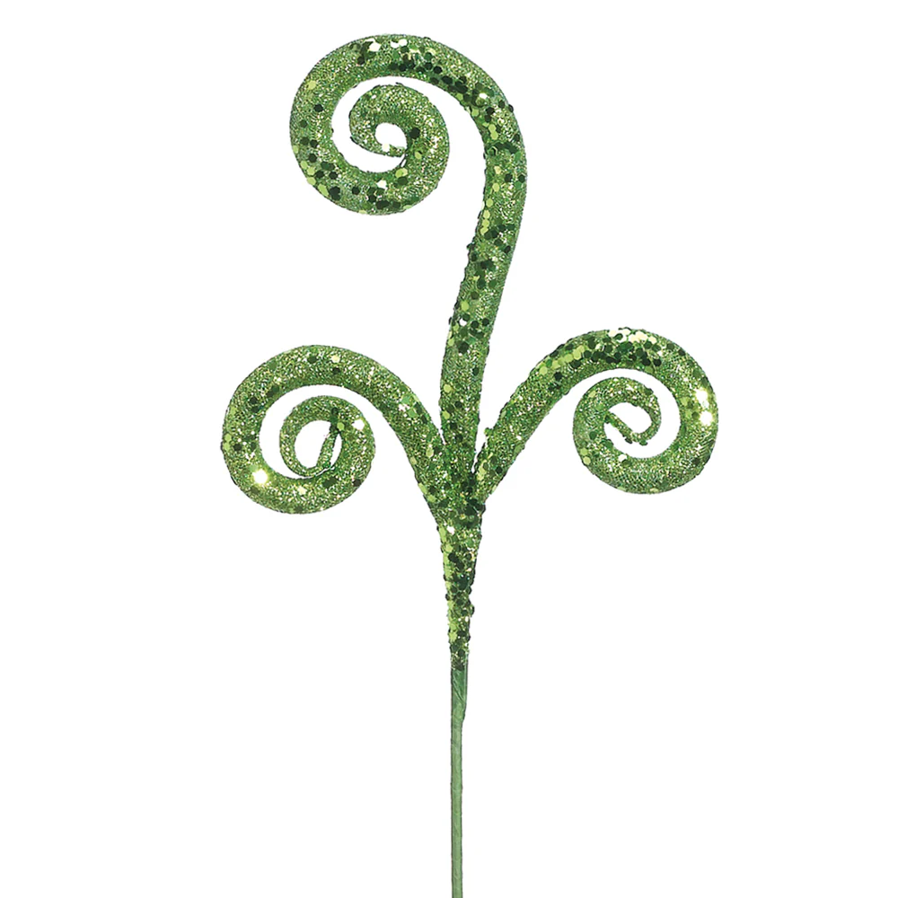 18" Artificial Glittered Swirl Stem Pick -Green (Pack of 24)