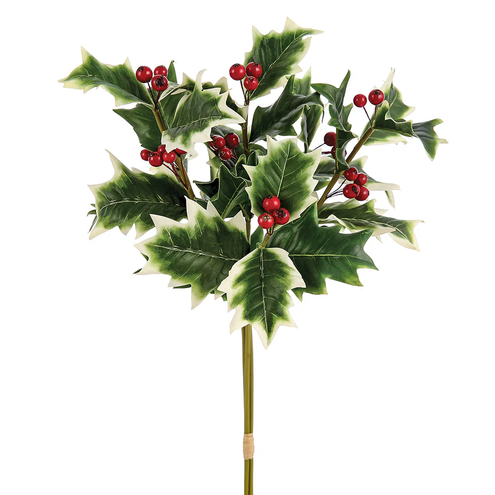 18" Artificial Holly Leaf & Berry Stem Bundle -Variegated/Red (Pack of 12)