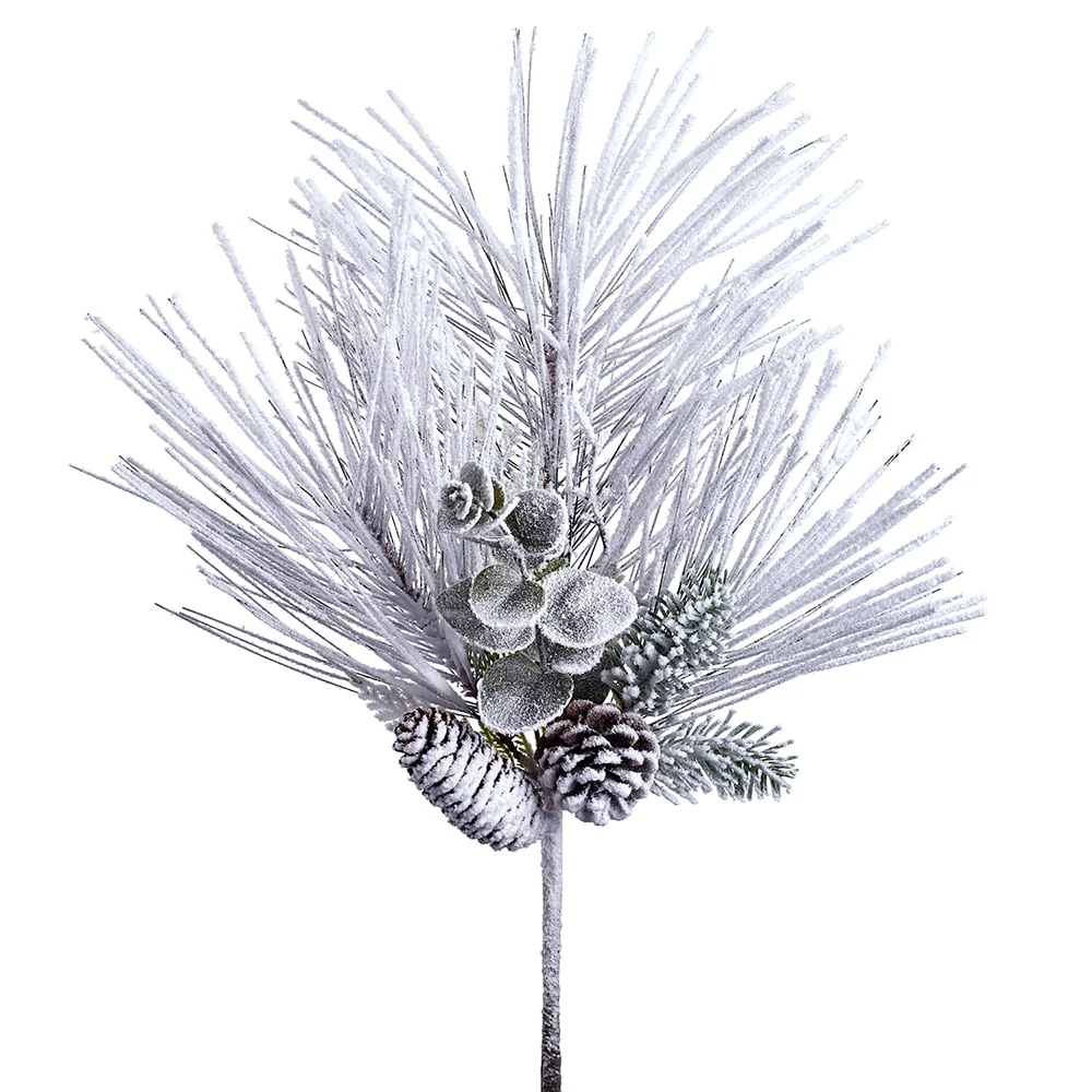 18" Flocked Artificial Pinecone, Twig & Pine Stem Pick -White (Pack of 12)