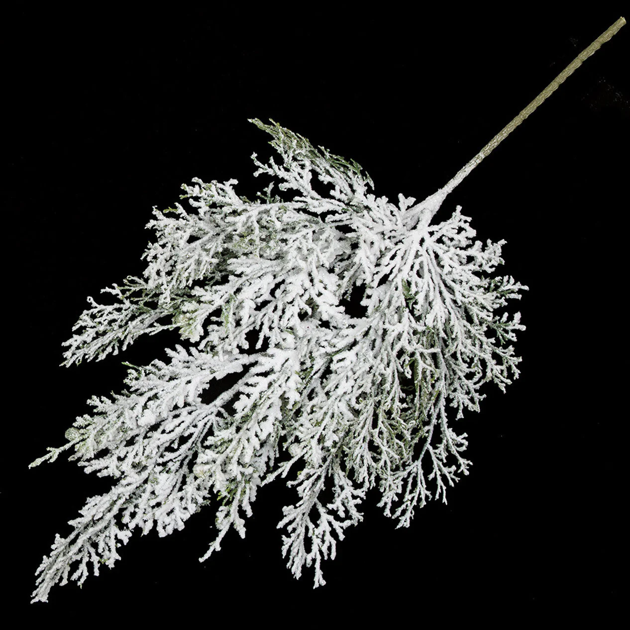18" Flocked & Glittered Artificial Cypress Stem -White/Green (Pack of 24)