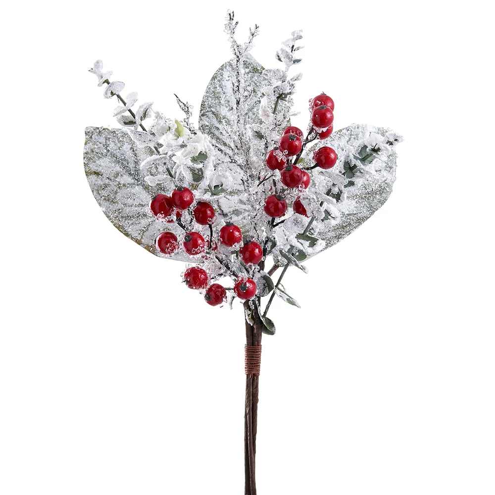 18" Flocked Magnolia Leaf & Berry Artificial Stem Bundle -Green/White (Pack of 12)