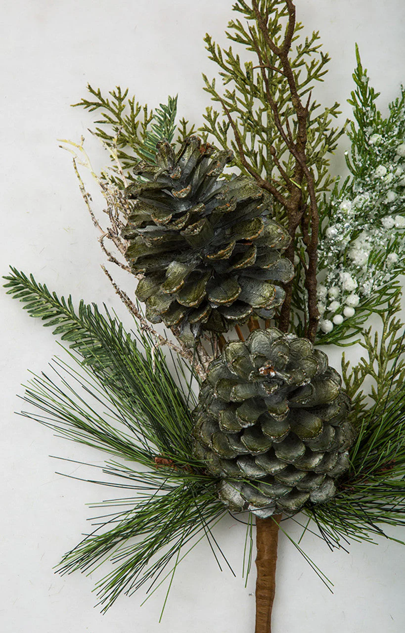 18" Glittered Artificial Mixed Pine, Twig & Pinecone Stem -Green (Pack of 6) - Image 2