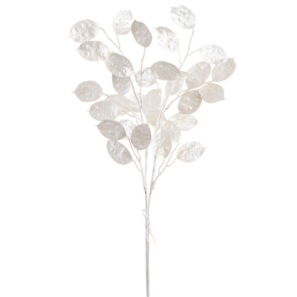 18" Glittered Artificial Silver Dollar Lunaria Leaf Stem Bundle -Pearl (Pack of 36)