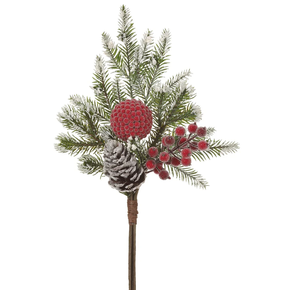 18" Iced & Flocked Artificial Berry, Pinecone & Pine Stem Bundle -Red/Green (Pack of 12)