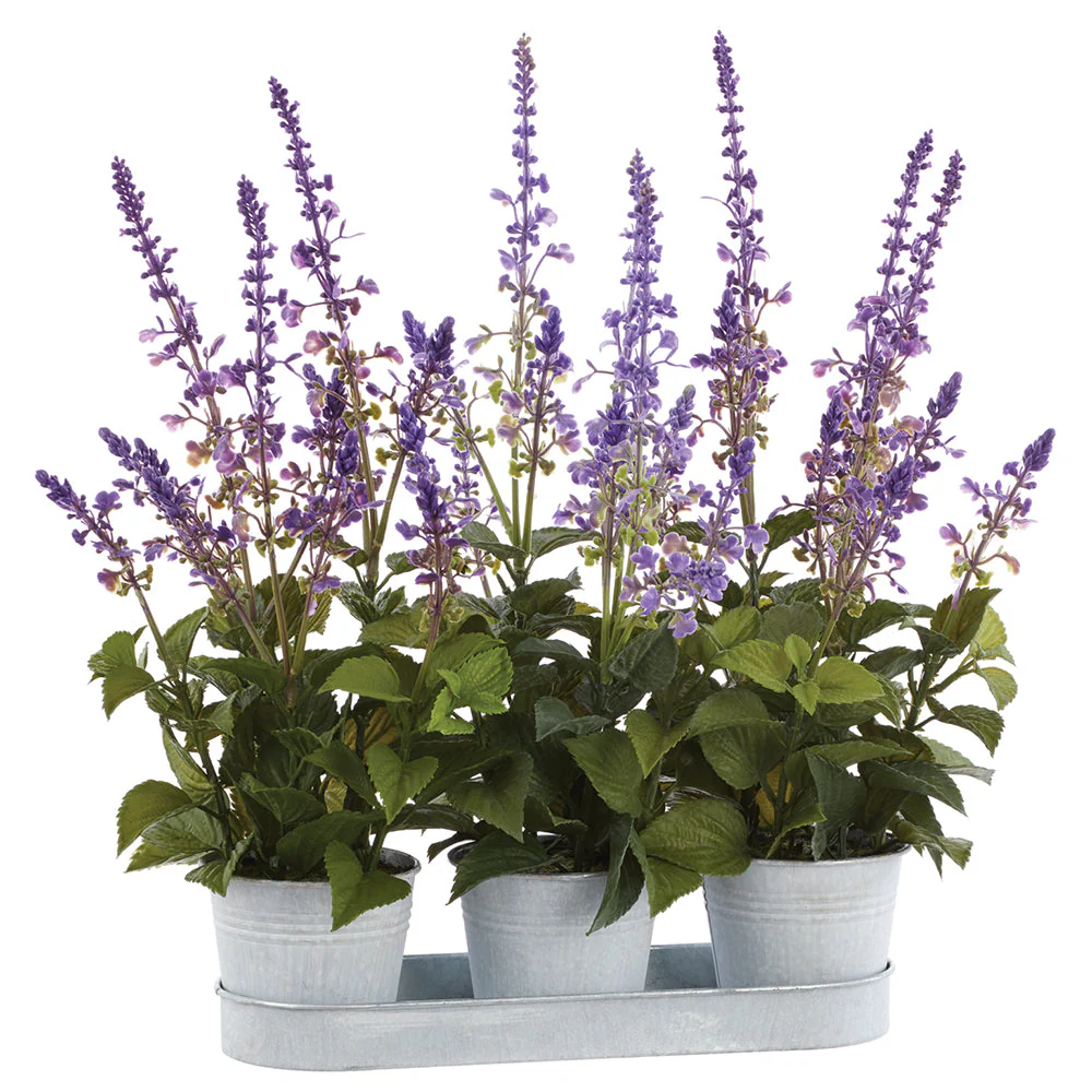 18" Lavender Silk Flower Arrangement w/Tin Pots & Tray -2 Tone Purple (Pack of 2)