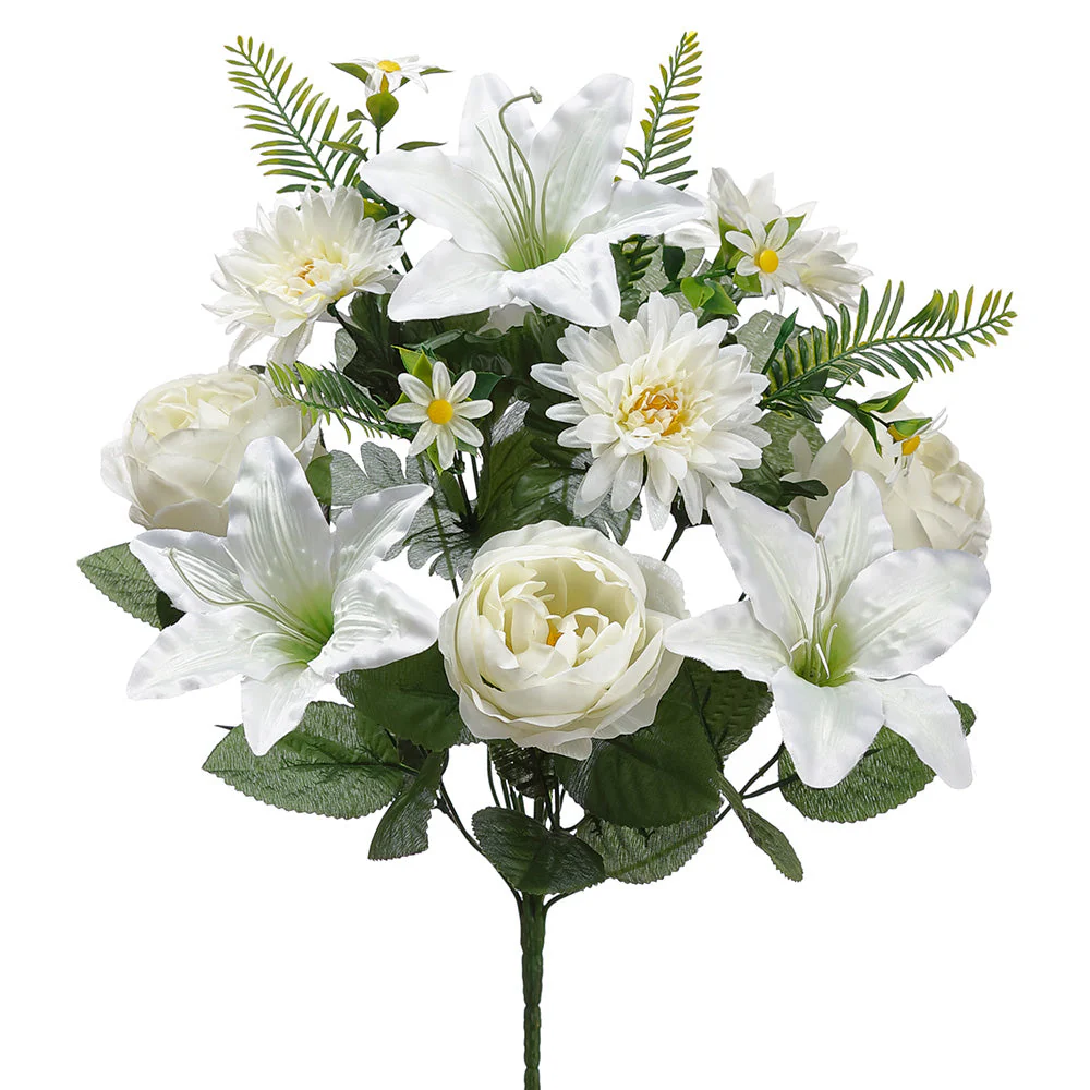 18" Mixed Lily, Rose & Gerbera Daisy Silk Flower Bush -White (Pack of 6)