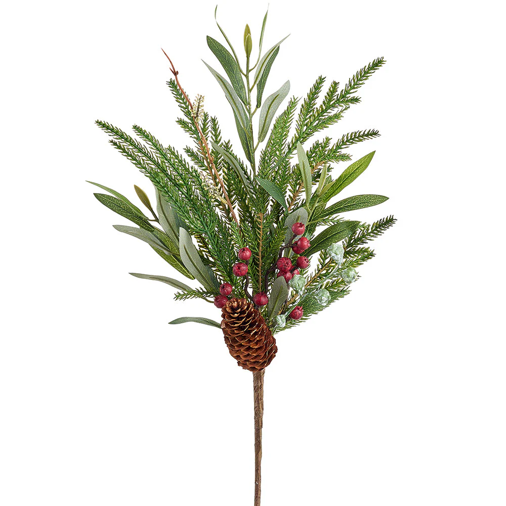 18" Pinecone, Berry & Eucalyptus Leaf & Pine Artificial Stem Pick -Green/Brown (Pack of 12)