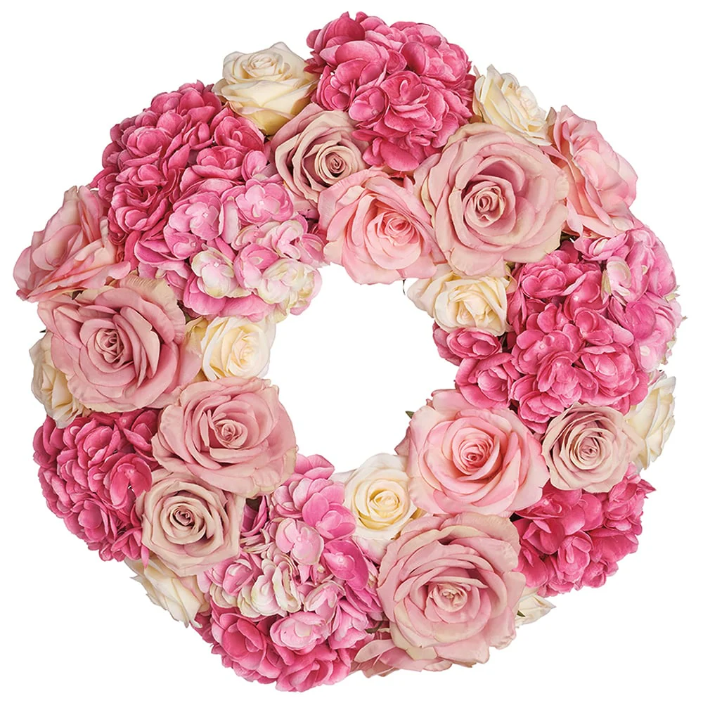 18" Rose & Hydrangea Silk Flower Wreath -Pink/Cream