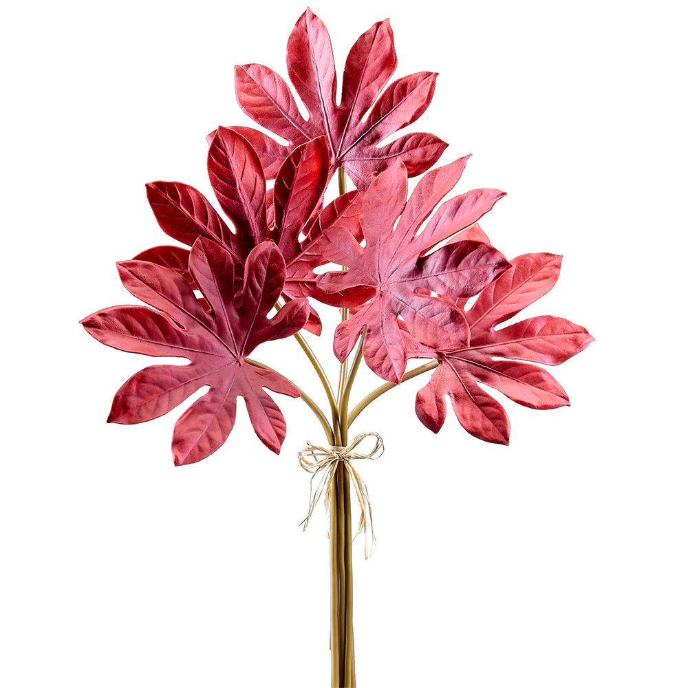 18" Silk Fatsia Leaf Stem Bundle -Dark Red (Pack of 12)