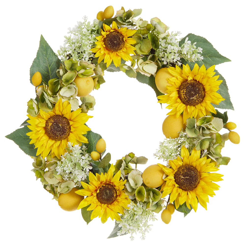 18" Sunflower, Hydrangea & Lemon Silk Flower Wreath -Yellow/Green