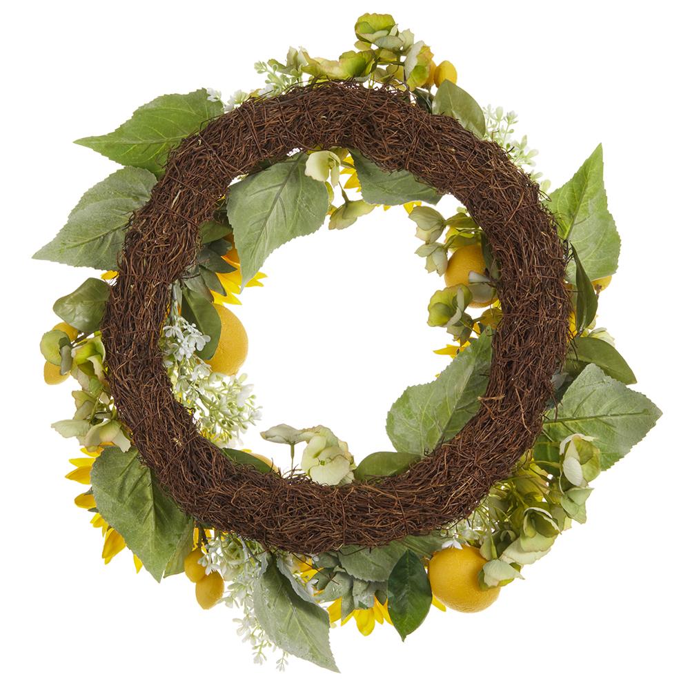 18" Sunflower, Hydrangea & Lemon Silk Flower Wreath -Yellow/Green - Image 2