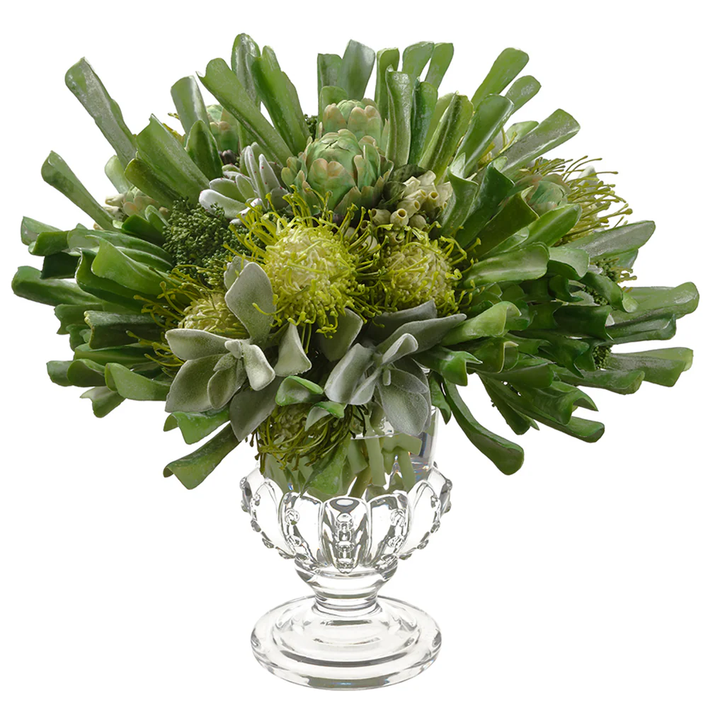 18"Hx19" Artificial Echeveria Succulent Plant & Protea Flower w/Glass Vase -Green