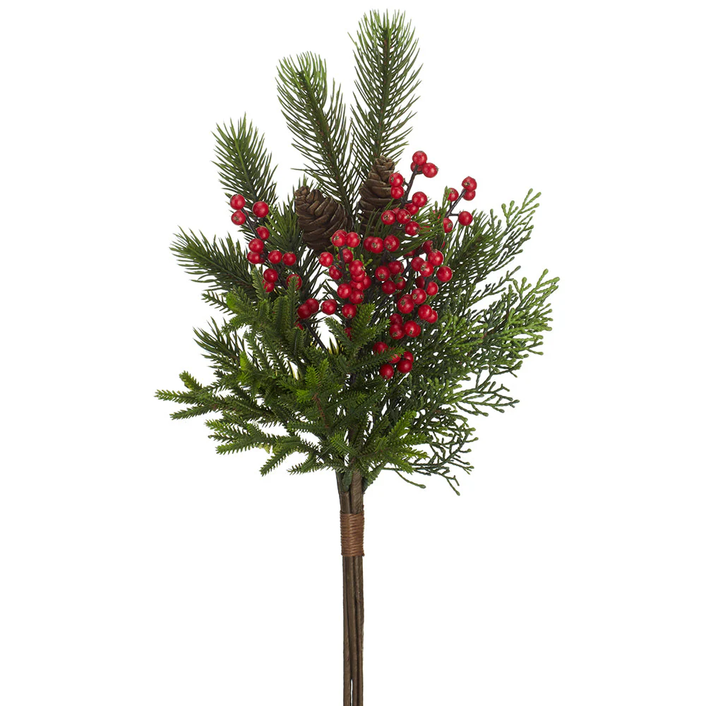 19.5" Berry, Pinecone & Mixed Pine Artificial Stem Bundle -Green/Red (Pack of 12)