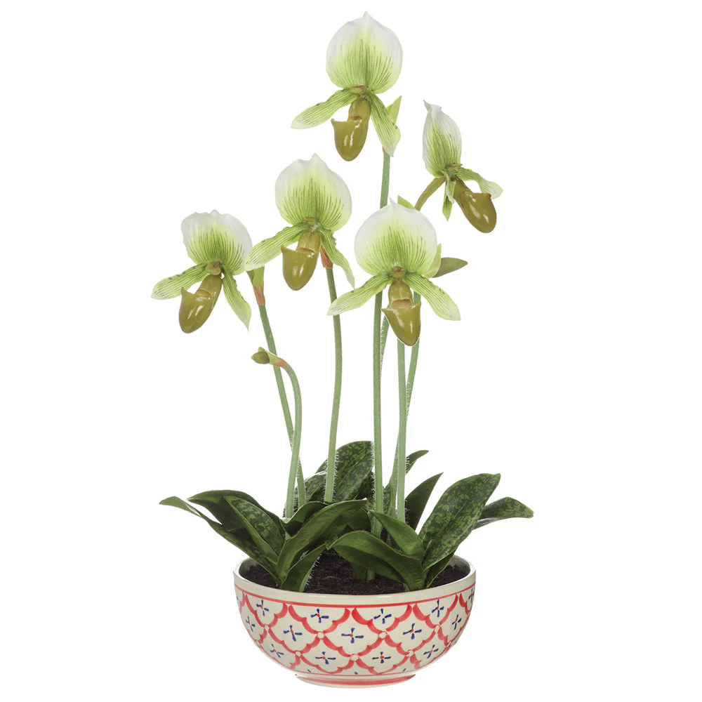 19.5" Hand-Wrapped Lady's Slipper Orchid Artificial Flower Arrangement w/Ceramic Vase -Cream/Green