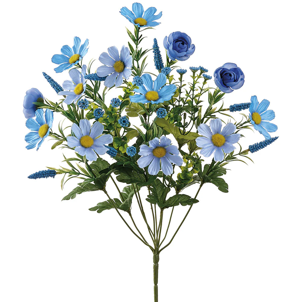 19" Mixed Daisy & Ranunculus Silk Flower Bush -Blue (Pack of 12)