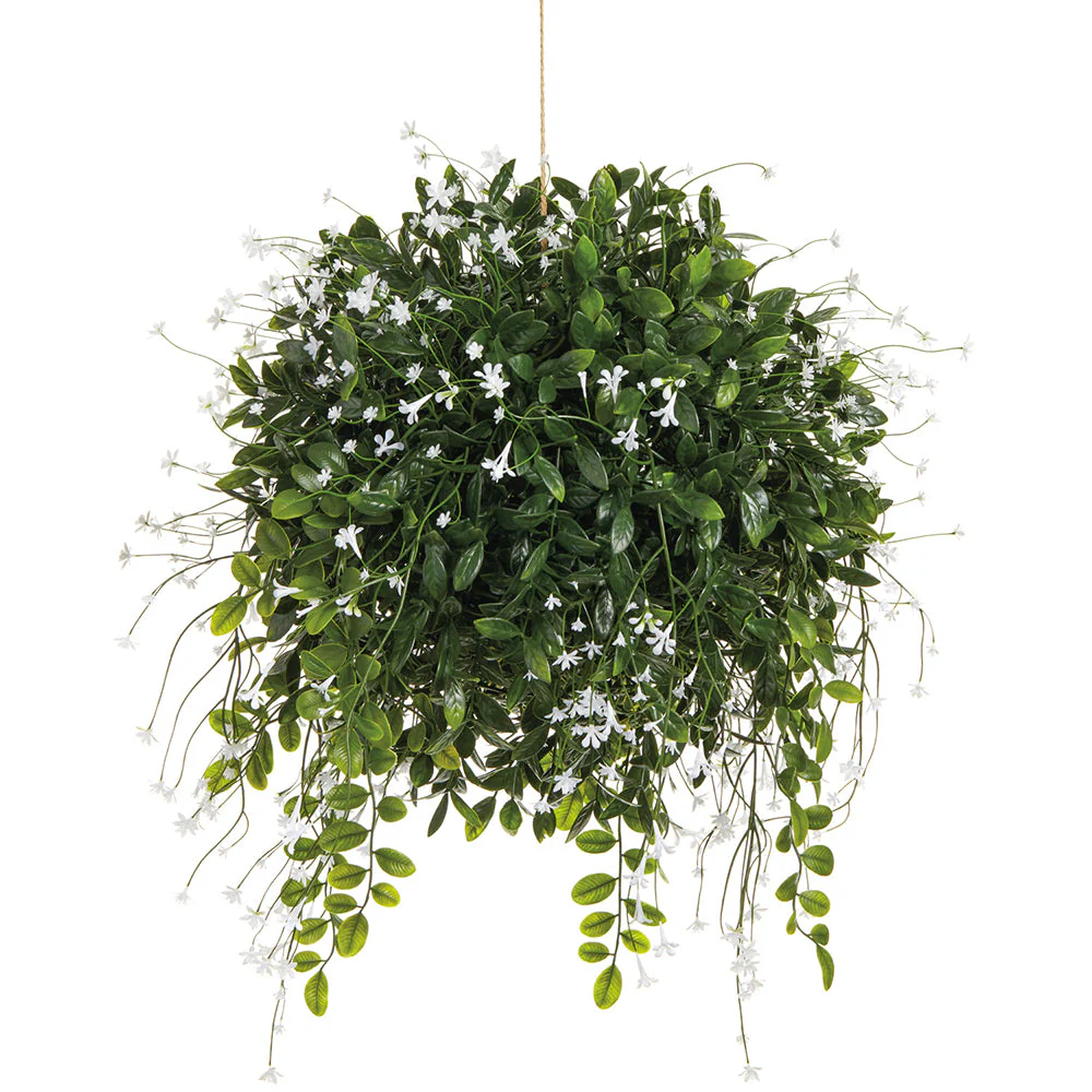 19" Outdoor UV-Resistant Artificial Baby's Breath & Trumpet Flowering Plant w/Hanging Boxwood Basket -White (Pack of 2)