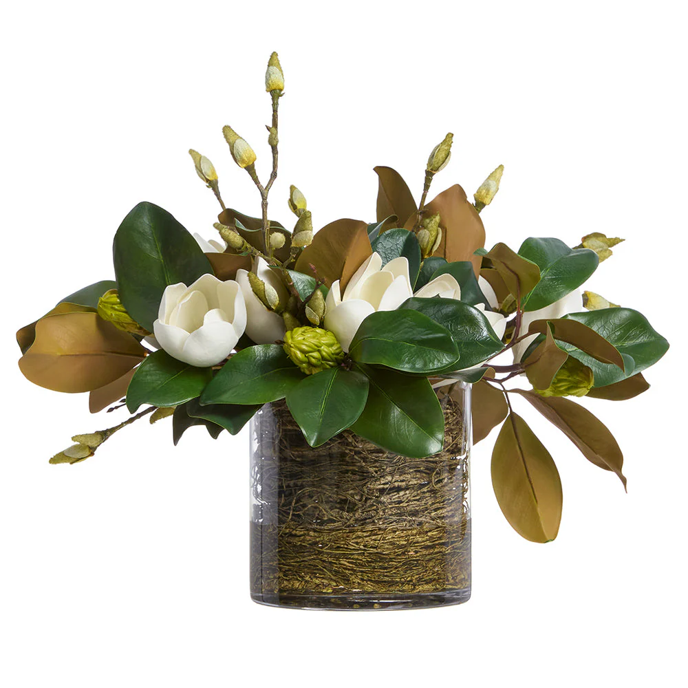 19"Hx24"W Magnolia & Twig Silk Flower Arrangement w/Glass Vase -White