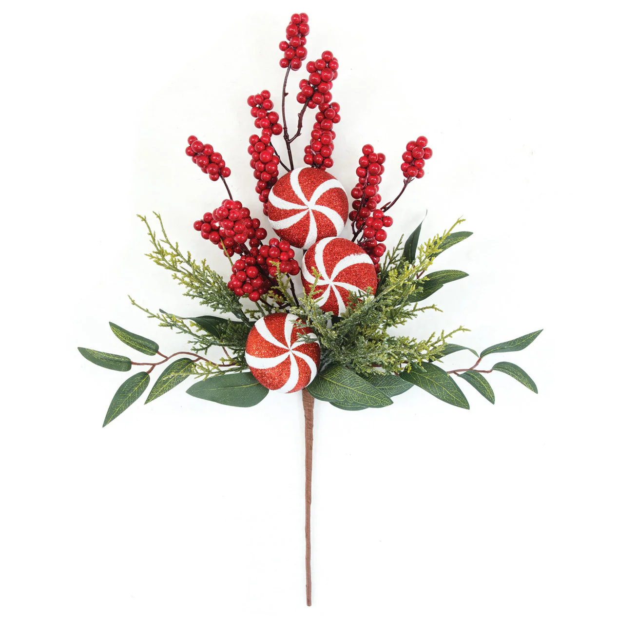20" Artificial Mixed Berry, Leaf & Candy Stem -Red/White (Pack of 12)