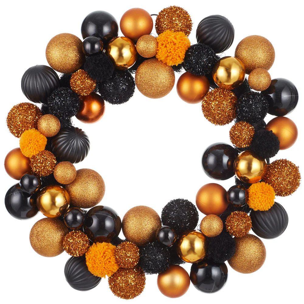20" Artificial Plastic Ball & Pompon Wreath -Black/Orange (Pack of 4)