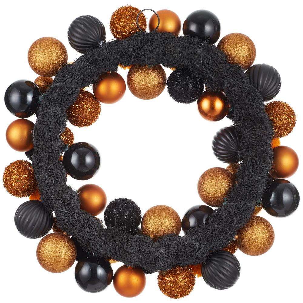 20" Artificial Plastic Ball & Pompon Wreath -Black/Orange (Pack of 4) - Image 2