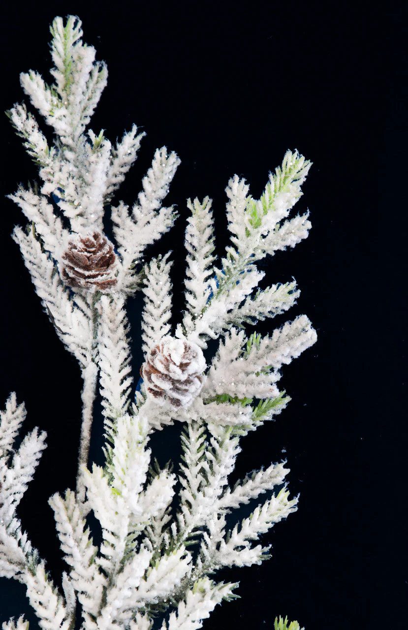 20" Flocked & Lightly Glittered Artificial Pine & Pinecone Stem -White/Green (Pack of 24) - Image 2