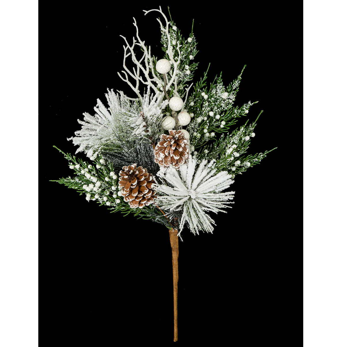20" Frosted & Glittered Artificial Mixed Pine, Berry, Twig & Pinecone Stem -Green/White (Pack of 6)