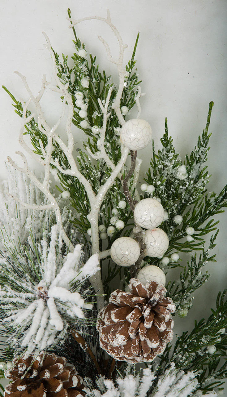 20" Frosted & Glittered Artificial Mixed Pine, Berry, Twig & Pinecone Stem -Green/White (Pack of 6) - Image 2