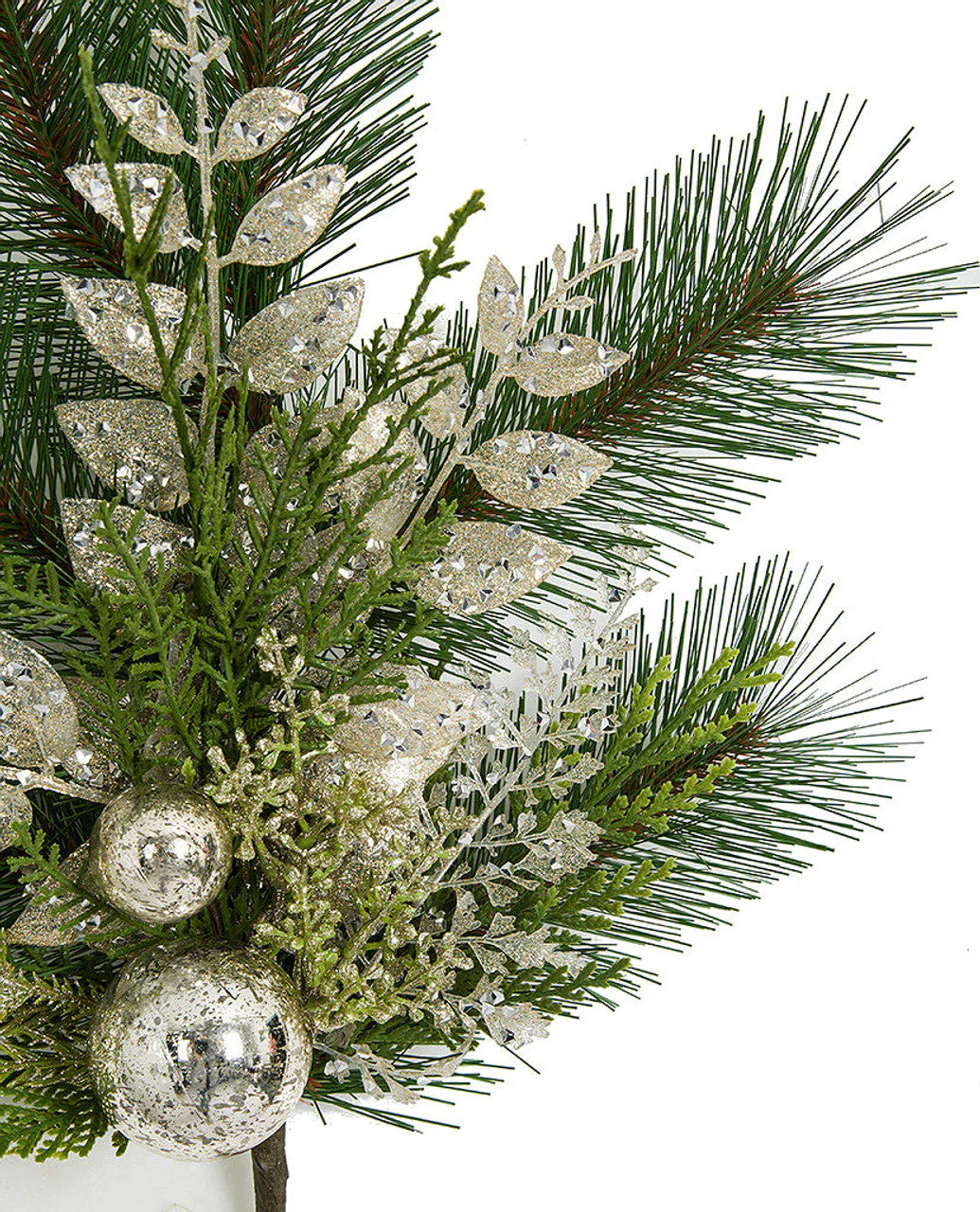 20" Glittered Artificial Mixed Long Needle Pine, Greenery & Ball Stem -Green/Silver (Pack of 12) - Image 2