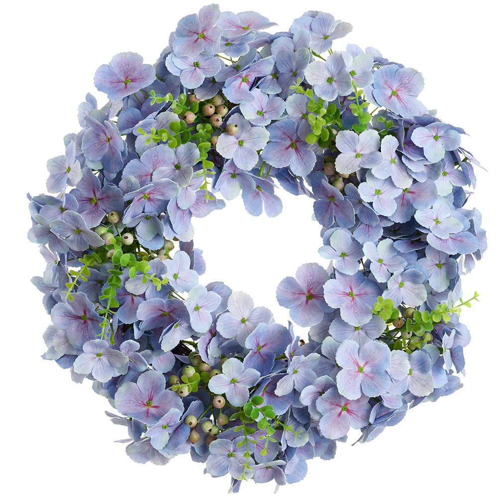 20" Hydrangea & Fern Leaf Silk Flower Wreath -Blue (Pack of 2)