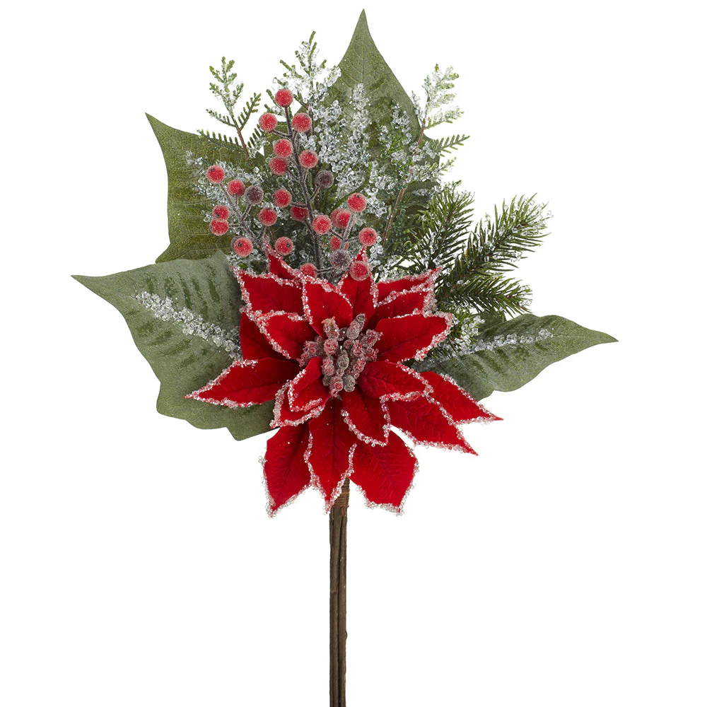 20" Iced Artificial Poinsettia Flower, Berry, Pinecone & Pine Stem -Red (Pack of 12)