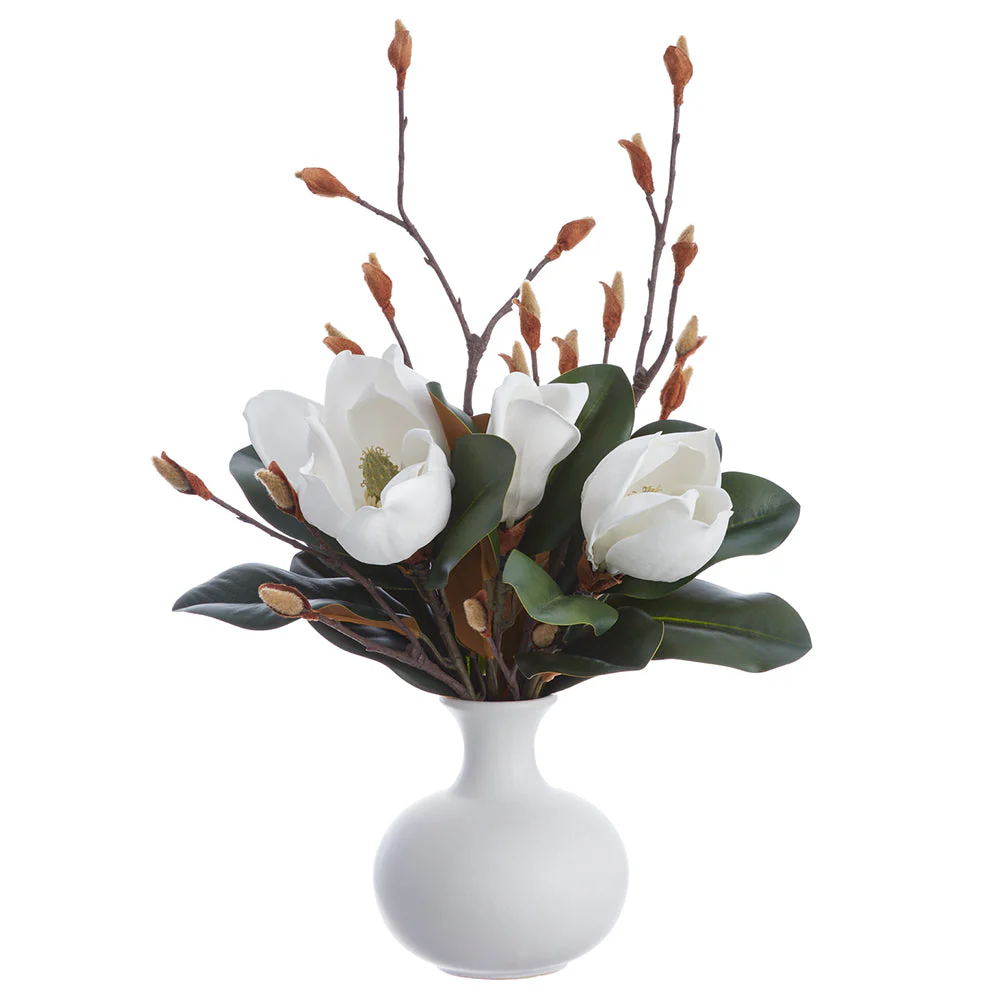 20" Magnolia Silk Flower Arrangement w/Ceramic Vase -White (Pack of 4)