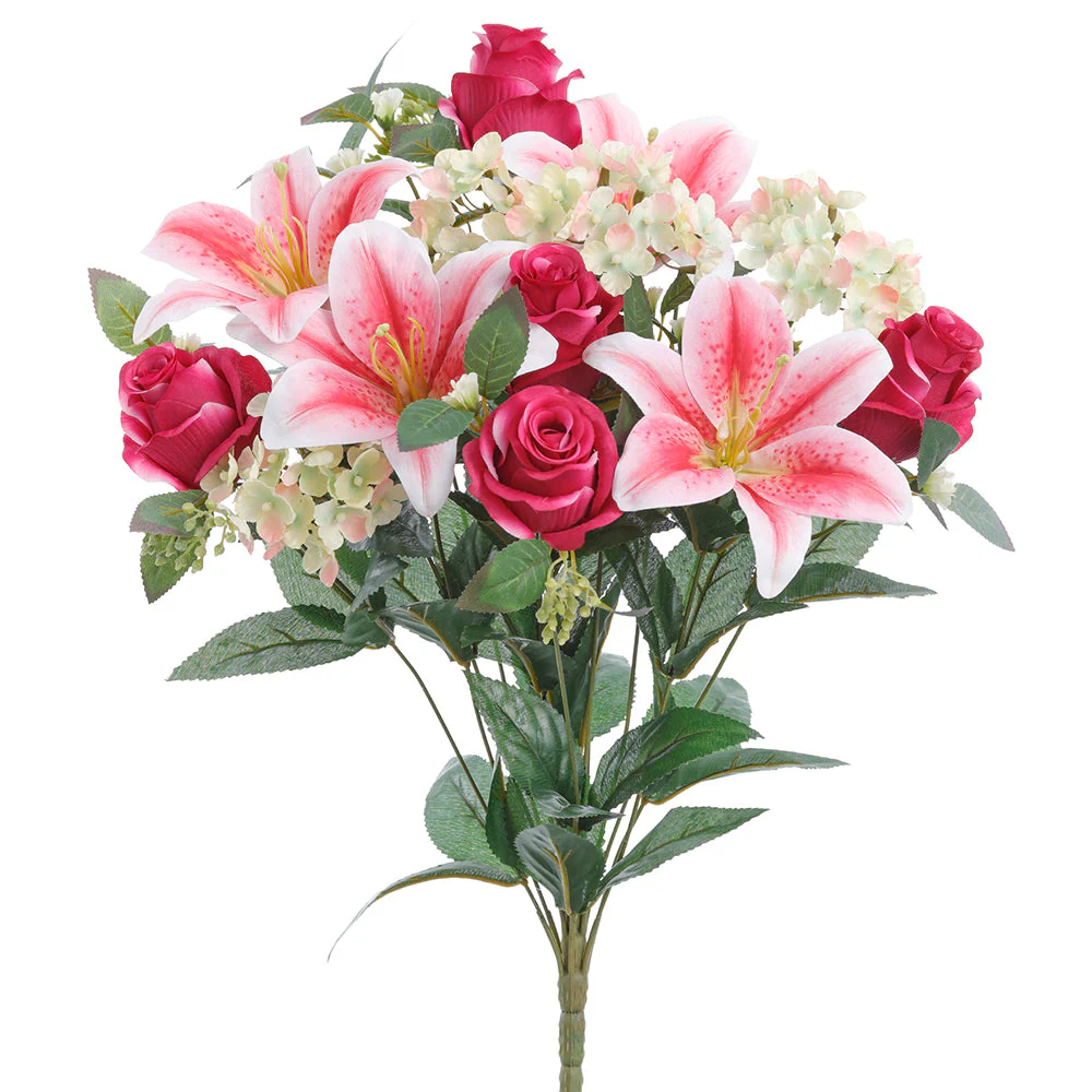 20" Mixed Rose, Lily & Hydrangea Silk Flower Bush -Pink/Green (Pack of 6)