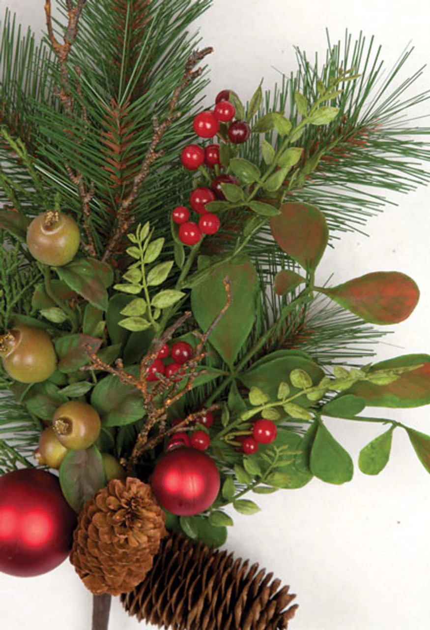 20" PE Artificial Mixed Greenery, Berry & Ball Stem -Green/Red (Pack of 6) - Image 2
