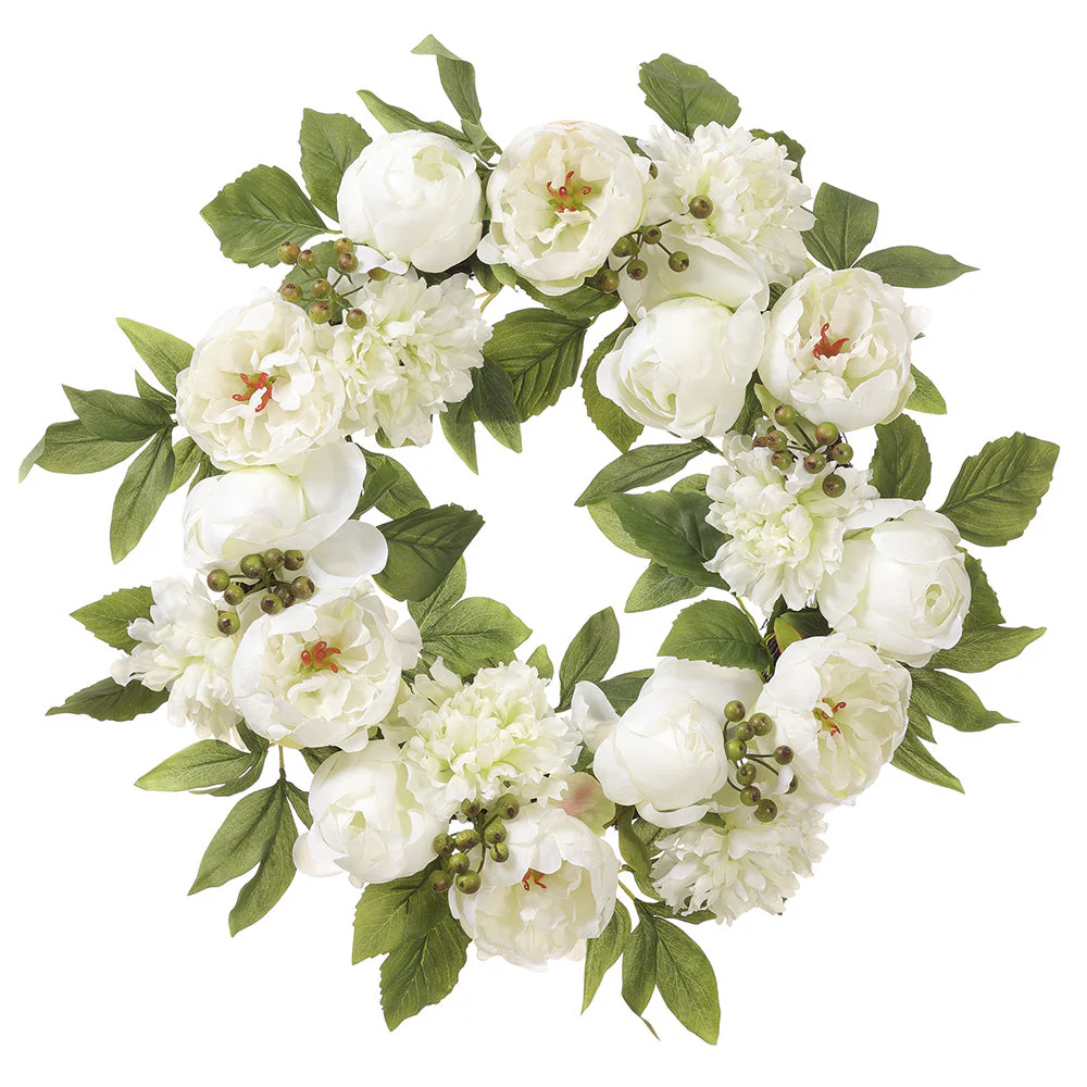 20" Peony Silk Flower Wreath -Cream