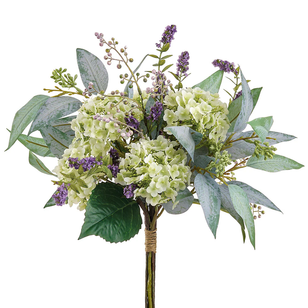 20" Snowball & Blossom Silk Flower Bouquet -Green/Purple (Pack of 6)