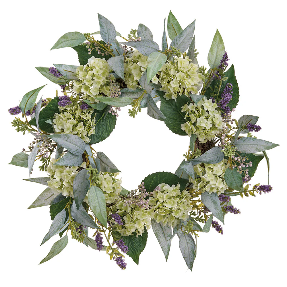 20" Snowball & Blossom Silk Flower Wreath -Green/Purple