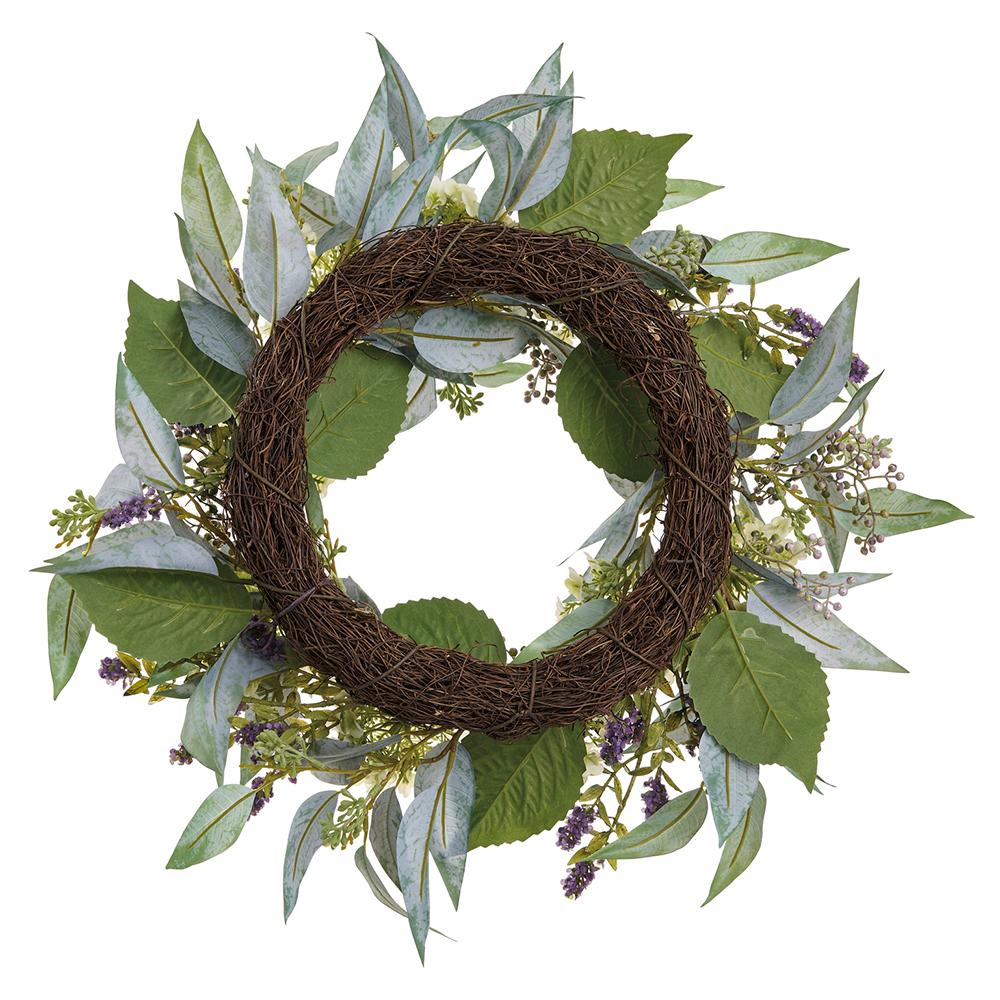 20" Snowball & Blossom Silk Flower Wreath -Green/Purple - Image 2
