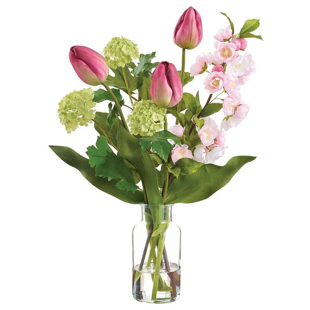 20" Tulip, Blossom & Snowball Silk Flower Arrangement w/Glass Vase -Pink/Green (Pack of 2)