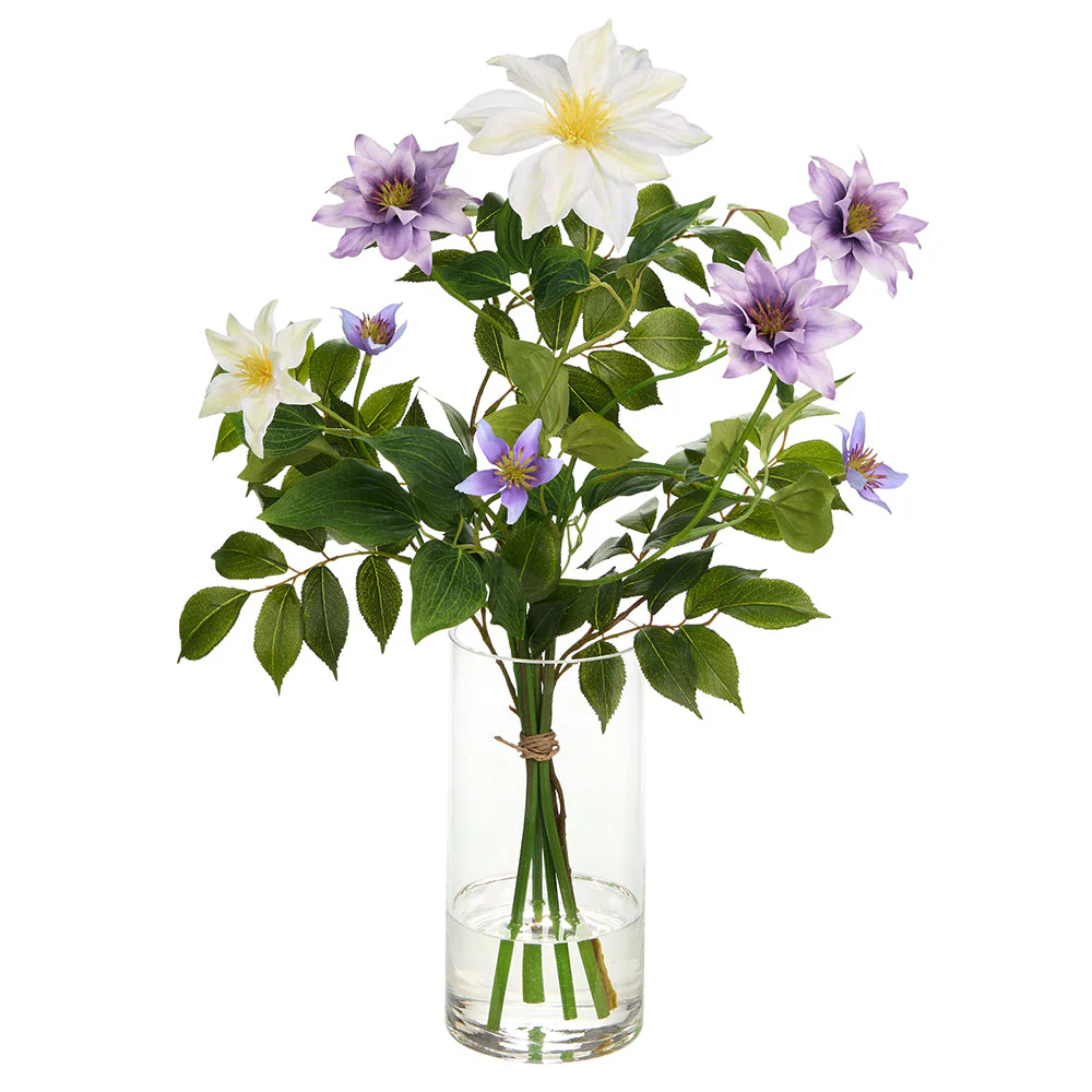 20"Hx15"W Clematis Silk Flower Arrangement w/Glass Vase -Lavender/White