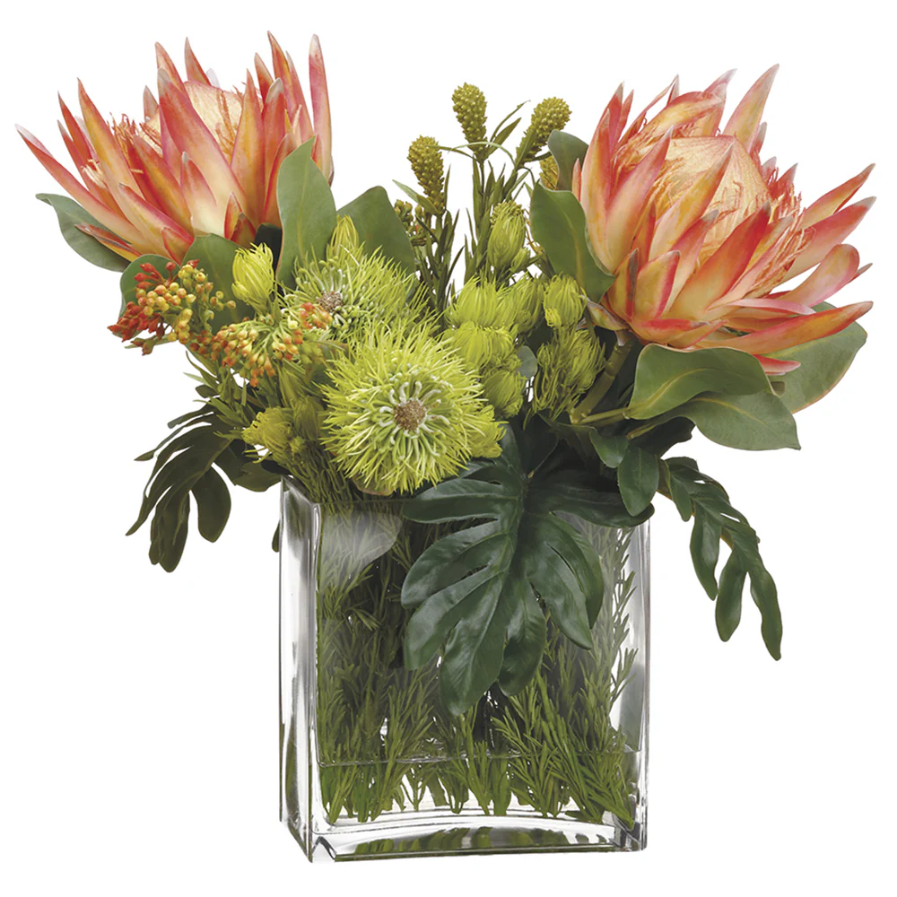 20"Hx19"W Protea, Leucospermum & Berry Silk Flower Arrangement -Orange/Green