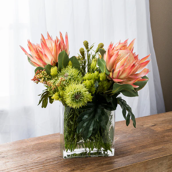 20"Hx19"W Protea, Leucospermum & Berry Silk Flower Arrangement -Orange/Green - Image 2