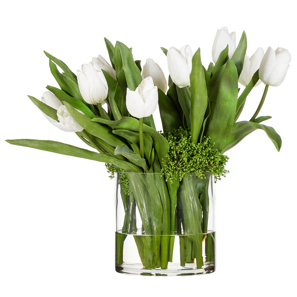20"Hx24"W Silk Tulip Flower & Sedum Arrangement w/Glass Vase -White/Green