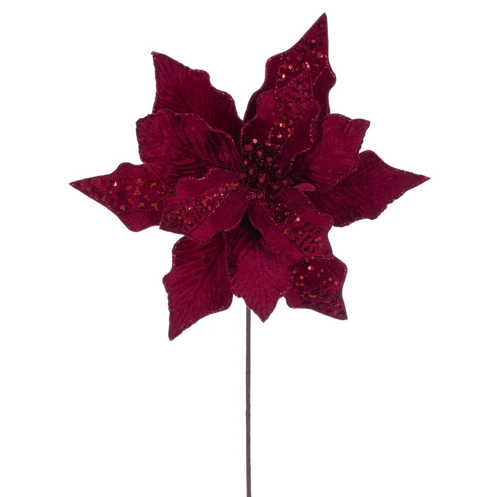 20"x10" Glittered Velvet Striped Artificial Poinsettia Flower Stem -Burgundy (Pack of 12)
