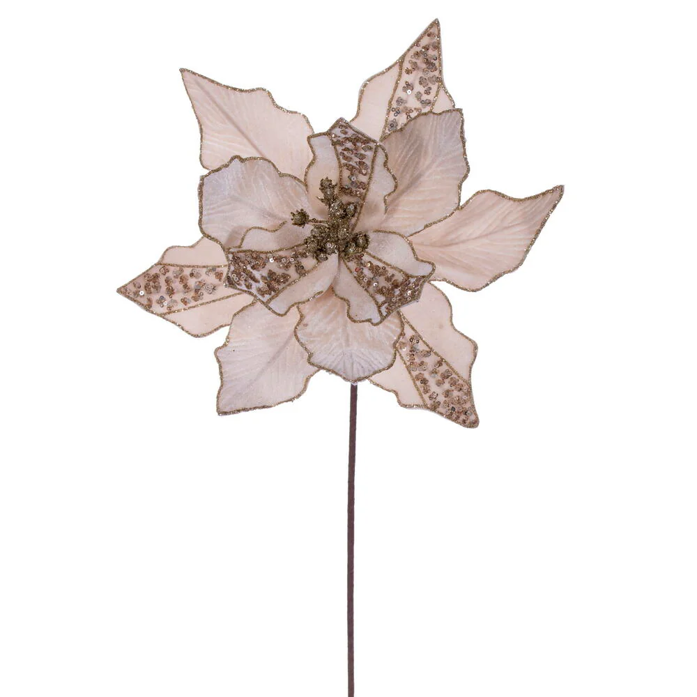 20"x10" Glittered Velvet Striped Artificial Poinsettia Flower Stem -Champagne (Pack of 12)