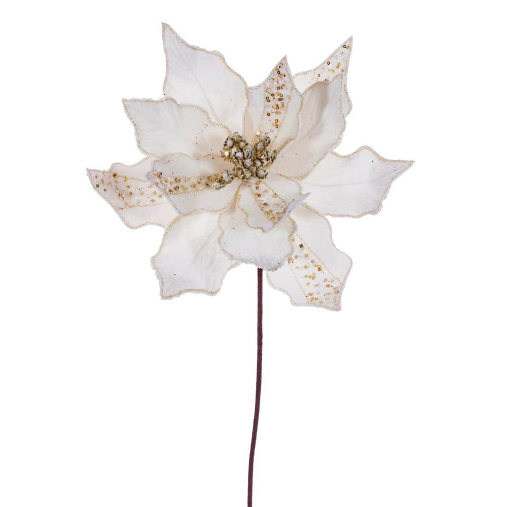 20"x10" Glittered Velvet Striped Artificial Poinsettia Flower Stem -Cream (Pack of 12)