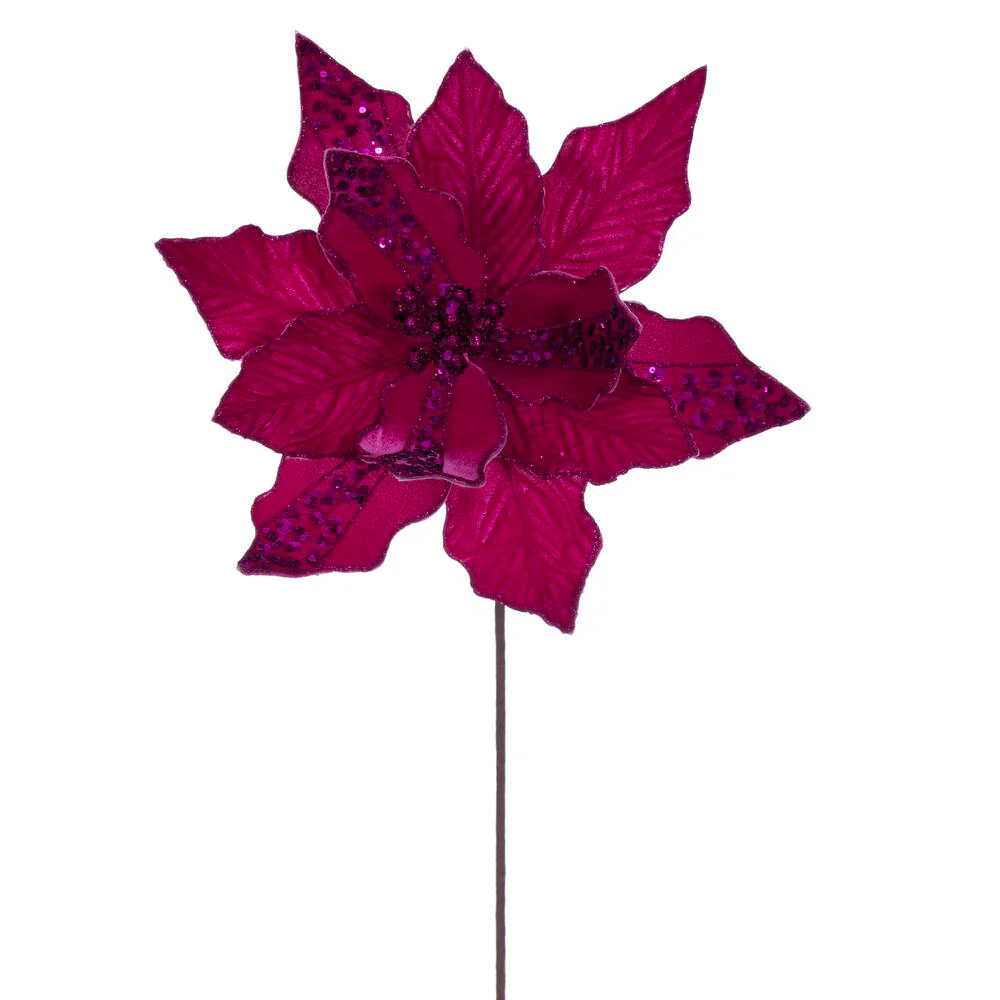 20"x10" Glittered Velvet Striped Artificial Poinsettia Flower Stem -Fuchsia (Pack of 12)