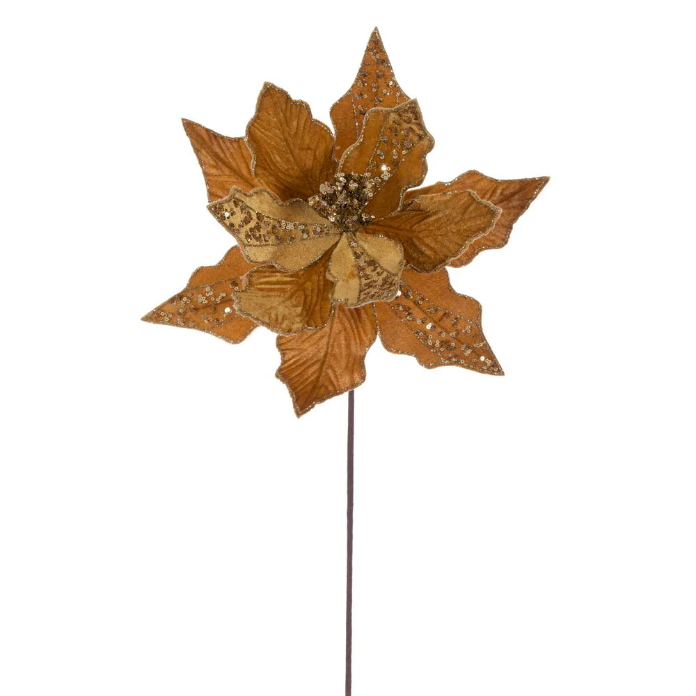 20"x10" Glittered Velvet Striped Artificial Poinsettia Flower Stem -Gold (Pack of 12)